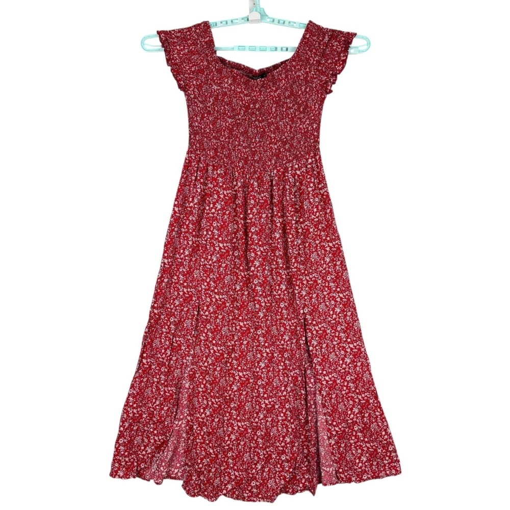 SHEIN CURVE Women Pullover Off-shoulder Floral Smoked Red Maxi Dress Sz 3XL NWOT